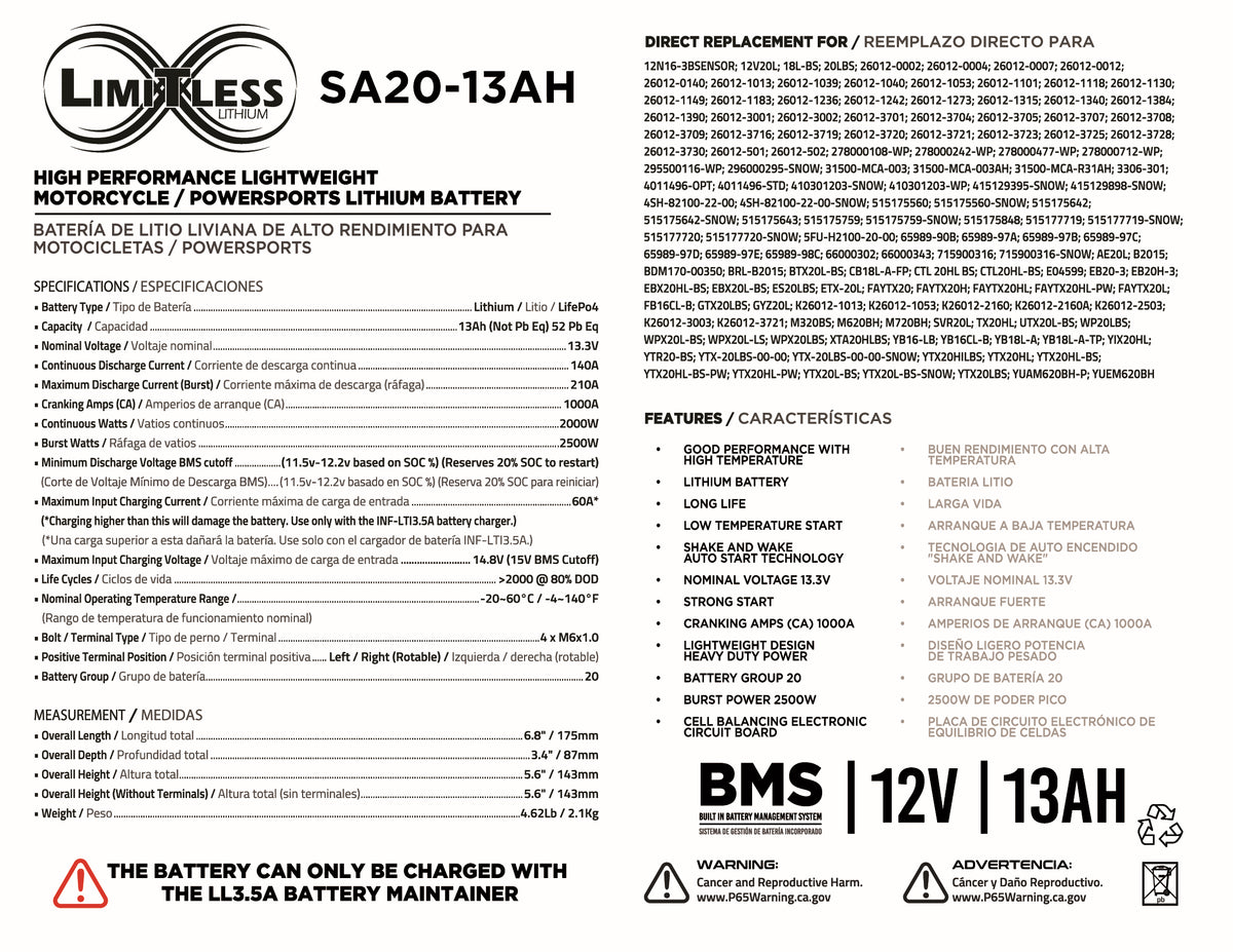 Limitless Lithium Shake Awake SA20-13AH Battery
